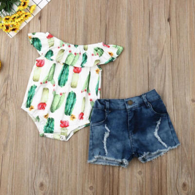 

Newborn Baby Girl Sleeveless 2pcs Clothes Romper Tops Denim Pants Outfits Set