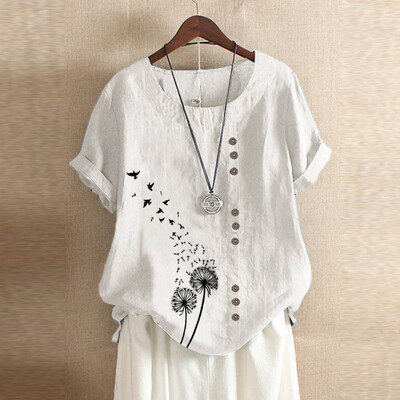 

Roseonmyhand Plus Size Women Short Sleeve Cotton Linen O-Neck Print Blouse Top T-Shirt