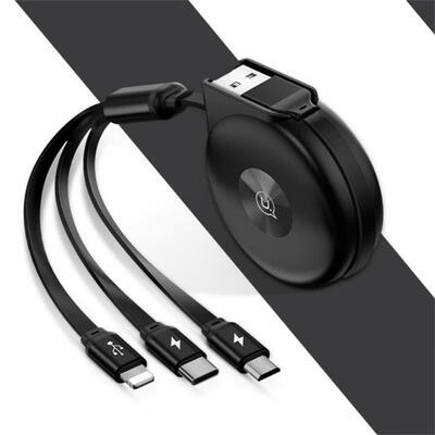 

USAMS U20 1M 3-in-1 Retractable Data Cable USB To Lightning Micro USB Type-C Telescopic Charging Cable Line -1m