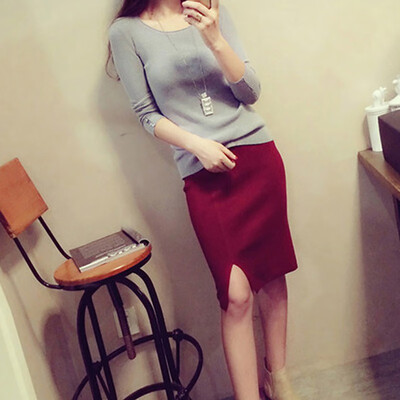 

High Waist Knitted Open Fork Pencil Skirts Autumn Winter Fashion Casual Solid Knee-Length Women Skirt