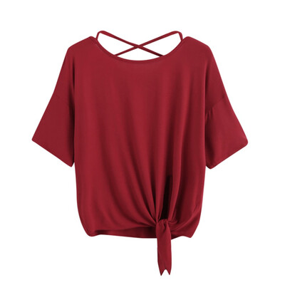 

Nomeni Womens Casual Solid Crisscross Back Knot Half Sleeve Blouse T Shirt