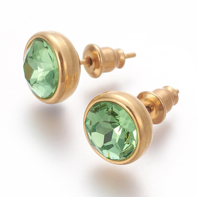 

304 Stainless Steel Ear Studs with Cubic Zirconia Flat Round Golden MediumAquamarine 10x17mm Pin 07mm