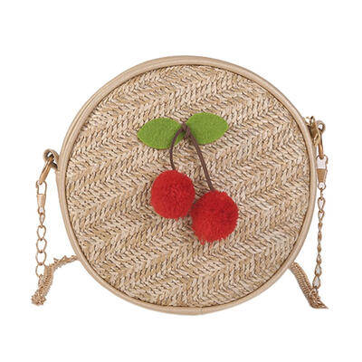 

Straw Woven Cherry Round Shoulder Handbags Women Chain Small Crossbody Bags