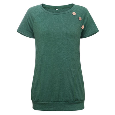 

Women T-Shirt Solid Casual Pockets Buttons Short Sleeve O-Neck Slim Summer