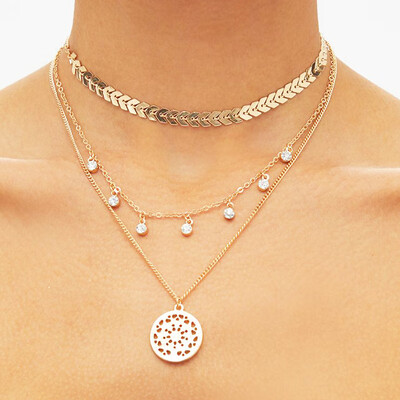 

European&American fashion street shooting jewelry wild diamond necklace metal chain three-layer multi-layer round pendant necklace