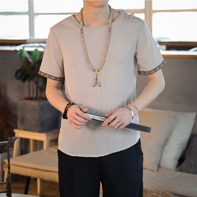 

Toponeto Men Vintage Baggy Embroidery Linen Solid Short Sleeve Retro T Shirts Tops Blouse