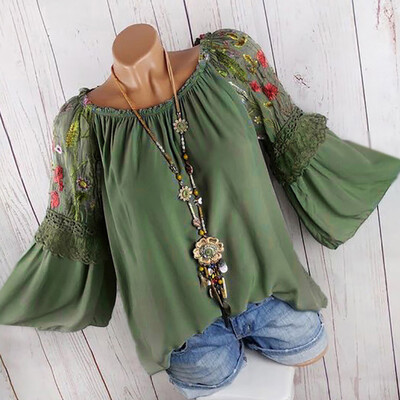 

Nomeni Fashion Women O-Neck Blouse Floral Embroidery Lace Flare Sleeve T-shirt Tops