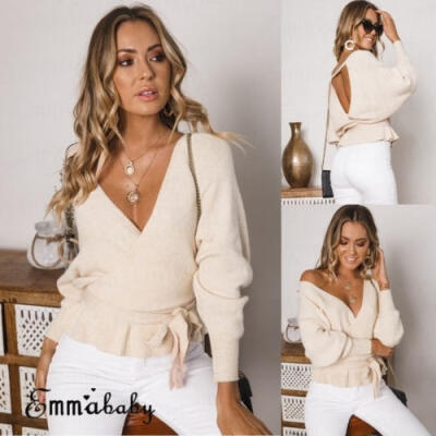 

US Fashion Women Autumn V-Neck Long Sleeve Backless Top Pullover Knitted Sweater