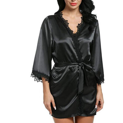 

Sexy Bride Long Women Lace Floral Kimono Robe Satin Silk Night Dressing Gown