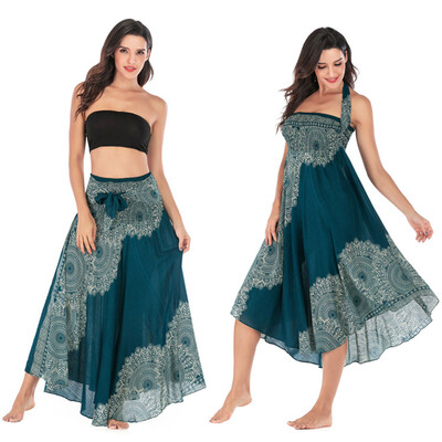 

Roseonmyhand Women Long Bohemian Gypsy Boho Flowers Elastic Waist Floral Halter Skirt
