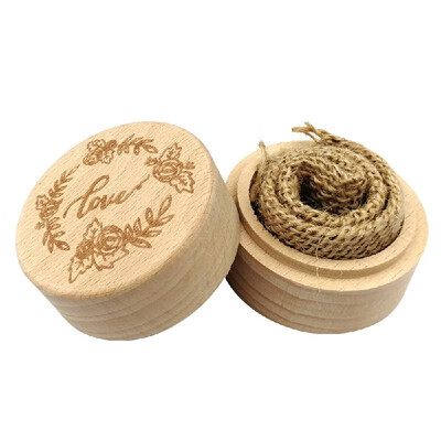 

Wooden Round Beech Wedding Ring Box With Letter Happily Ever After On The Surface