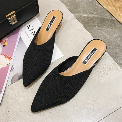

spring&summer knitting slippers womens low-heel Korean-pointed small-heels cool slippers&half-slippers
