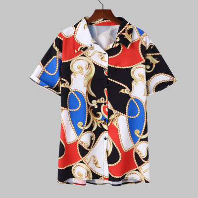 

Tailored Mens Ethnic Printed Stand Collar Colorful Stripe Short Sleeve Loose Shirt