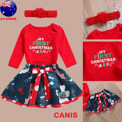 

AU Newborn Kid Baby Girls Christmas Santa Romper Tops Skirt Headband Outfit