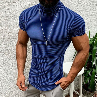 

Mens Striped Turtleneck Short Sleeve Muscle Tee Shirt Casual T-shirt Tops Blouse