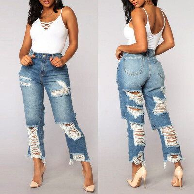 

〖Follure〗Women High Waisted Skinny Hole Denim Jeans Stretch Slim Pants Calf Length Jeans