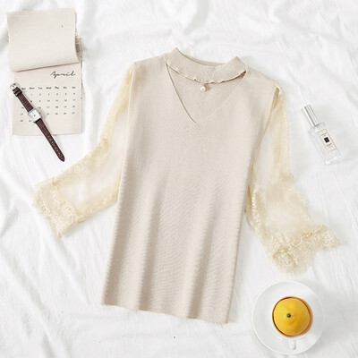 

Women V-Neck Hollow T-Shirts Knitted Slim Top Lace Stitching Half Sleeeve Casual Tops