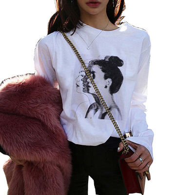 

Loose Tops Women Casual T shirt Cartoon Print Round Neck Long Sleeve Basic Pullover T-shirt