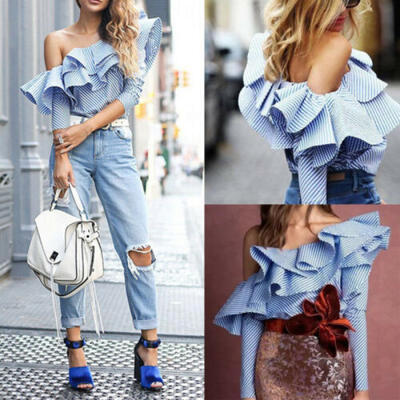 

Womens Ladies One Off Shoulder Casual Ruffle Frill Tops Loose Blouse T Shirt US