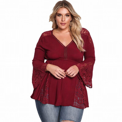

Solid color V-neck horn long-sleeved lace Plus Size casual top