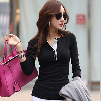 

Korean Women Long Sleeve Button Cotton T-Shirts Casual Slim Tops