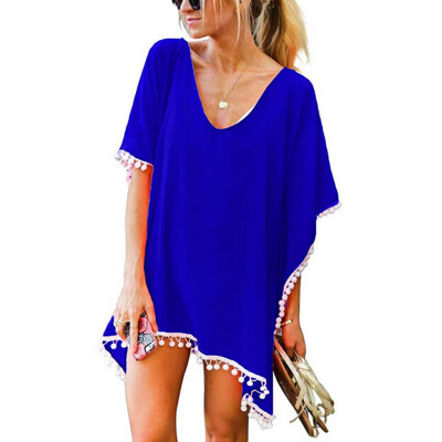 

Roseonmyhand Womens Pom Pom Trim Kaftan Chiffon Swimwear Beach Loose Bikini Cover Up