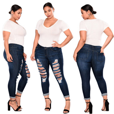 

Tailored Women Plus Size Ripped Stretch Slim Denim Skinny Jeans Pants High Waist Trousers