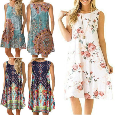 

Frauen ärmelloses Sommer Boho gedruckt Strand beiläufige lose Mini Shirt Kleid