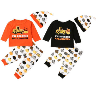 

US Stock Baby Girl Boy Halloween Tops T-shirtPumpkin Pants LeggingsHat Outfits