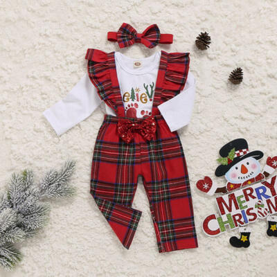 

US Newborn Baby Girl My First Christmas Tops Romper Bib Pants Hat Outfit Clothes