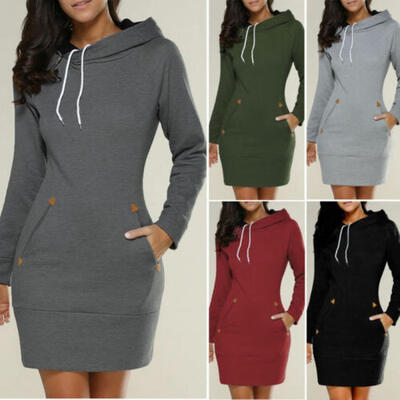 

Womens Casual Hooded Long Sleeve Bodycon Hoodies Sweatshirt Jumper Dress Tops