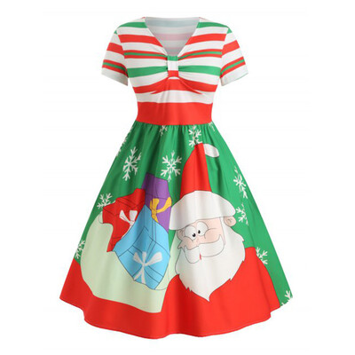 

Tailored Womens Fashion Straps Vintage Santa Claus Snowflake Print Christmas Dress