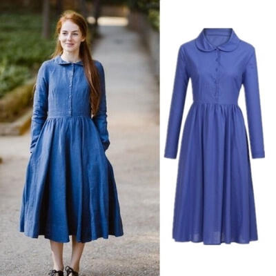 

Women Spring Autumn Casual Linen Long Sleeve Loose Long Maxi Shirt Dress