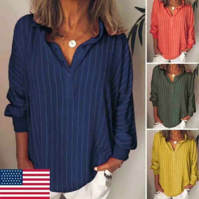 

Womens Summer Striped V Neck Blouses Loose Baggy Tops Tunic T Shirts