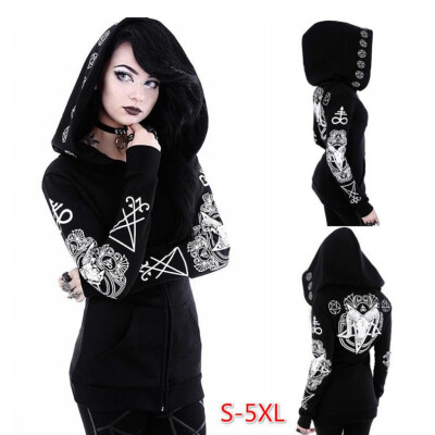 

Roseonmyhand Women Gothic Punk Long Sleeve Hooded Print Black Cardigan Jacket Coat Plus Size