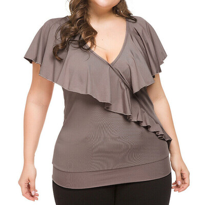 

Roseonmyhand Fashion Women Casual Plus Size Ruffles T-shirt V-Neck Solid Sleeveless Tops