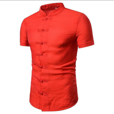 

Men\s Fashion Chinese Style Linen Shirt Slim Casual Short Sleeve Social Business Top Shirt