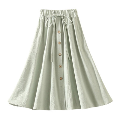 

Japan stylish cozy Cotton Linen Women Skirt High Waist A Line skirt female Button Solid Skater Casual Knee-Length Pleated Skirt