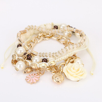 

Rose Flower Pearl Bead Crystal Gem Charm Braided Rope Bracelet For Women Bohemian Jewelry