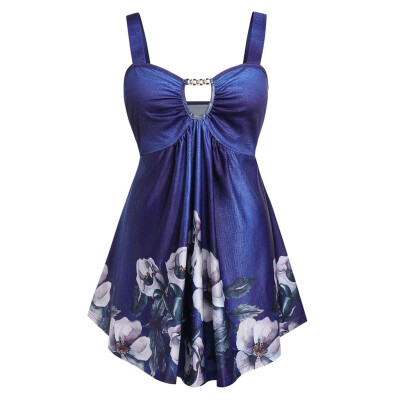 

Roseonmyhand Women Fashion Casual Plus Size Floral Print Cut Out Empire Waist Tank Top Camis