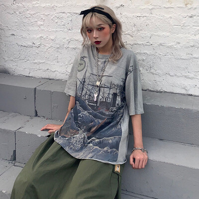 

Half Sleeve T-shirt Simple Casual Cartoon Print Top Trend Womens Plus Size Tee O-Neck Long Length