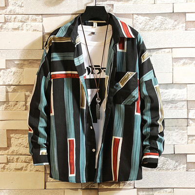 

Tailored Mens Casual Fashion Striped Printing Loose Lapel Long Sleeve Shirt Top Blouse