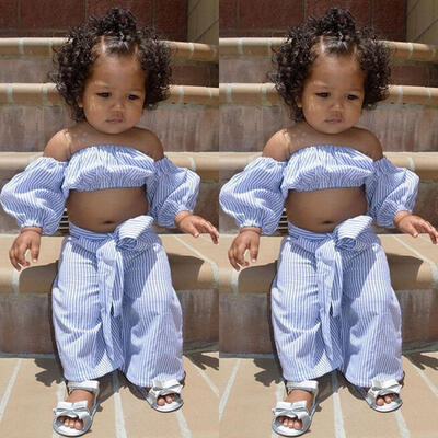 

Details about Baby Kid Girl Off-shoulder Tops T-shirt Loose Stripe Bowknot Pants Outfits Sets