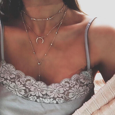 

Bohemian Gold Color Multi Layer Moon Pendant Necklace For Women Long Chain Sequined Choker Collar Necklace Fashion Jewelry Gift