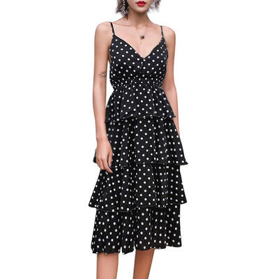 

Spaghetti Strap Dress Women Tunic V-neck Backless Sleeveless Dots Maxi