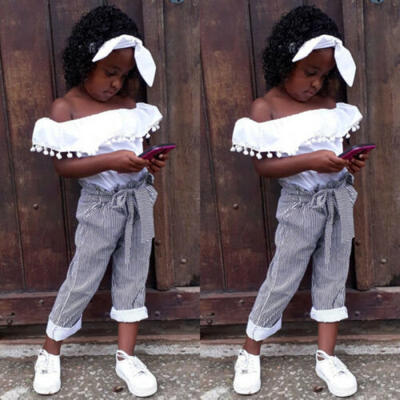 

Toddler Kids Baby Girl Clothes Off-Shoulder TopsStripe Pants 2PCS Outfit Summer