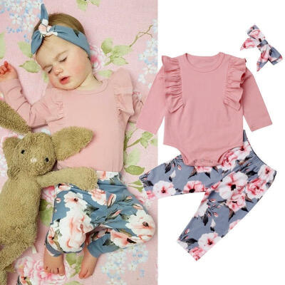 

Toddler Baby Girl Outfit Clothes Kids Long Sleeve Ruffles Romper Bodysuits Jumpsuit Floral PantsHeadband 3PCS Outfit Set