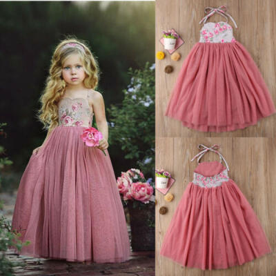 

Flower Girls strap sleeveless Sundress Kids Baby Solid Lace Long Dress Party