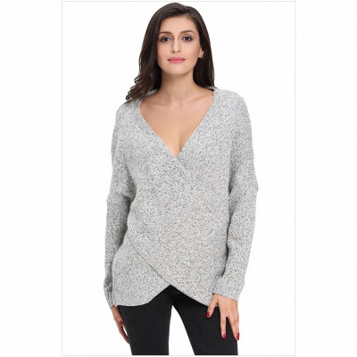 

Grey V-neck long sleeve loose simple casual wool knit straight sweater