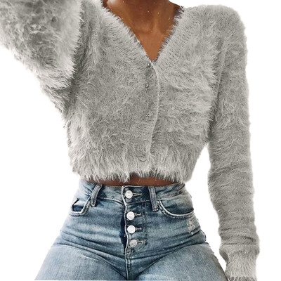

〖Follure〗Women Fashion V-neck Long Sleeve Furry Casual Sweater Crop Popular Women Tops